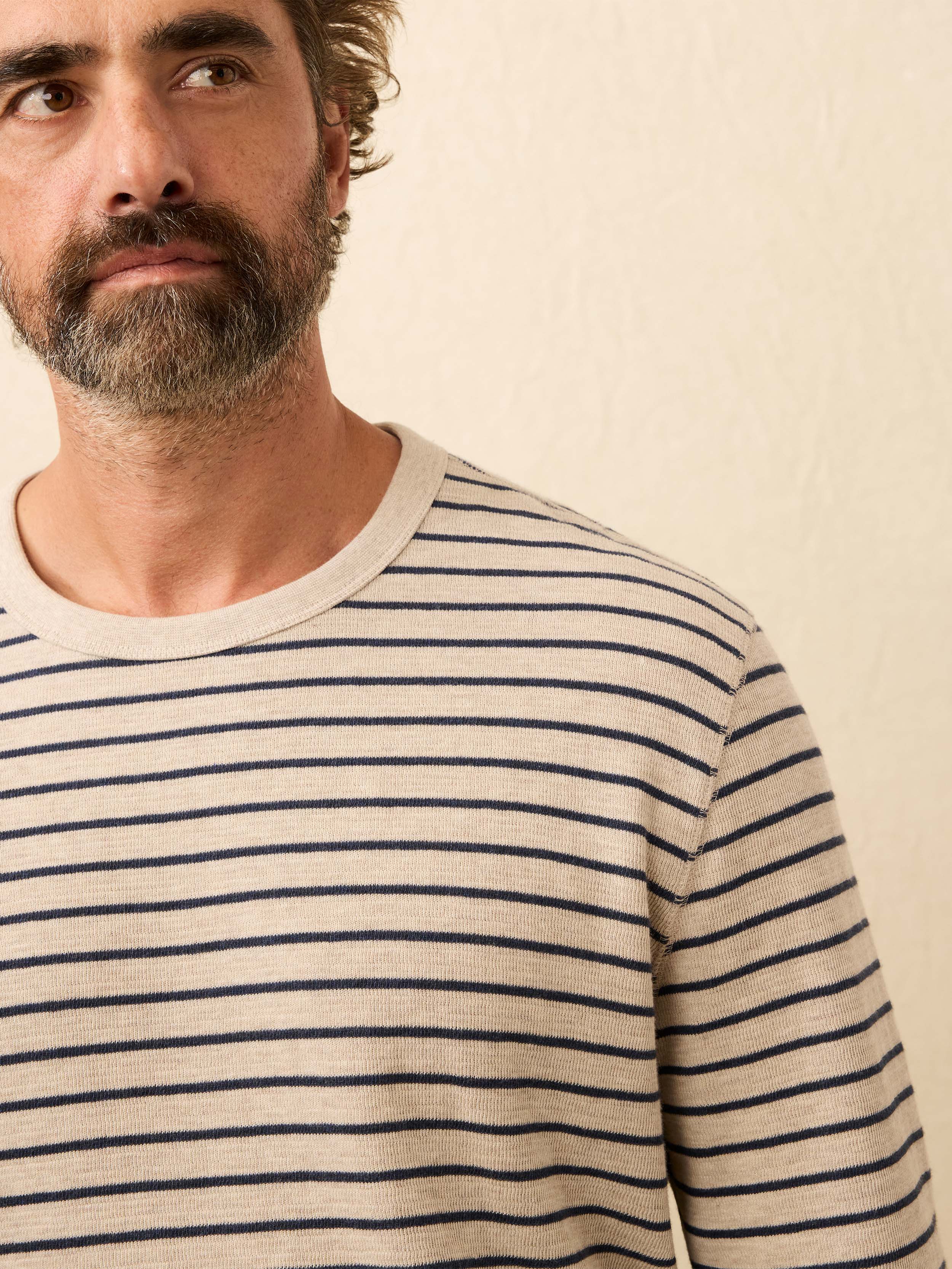 Double Knit Crewneck - Oat Navy Stripe