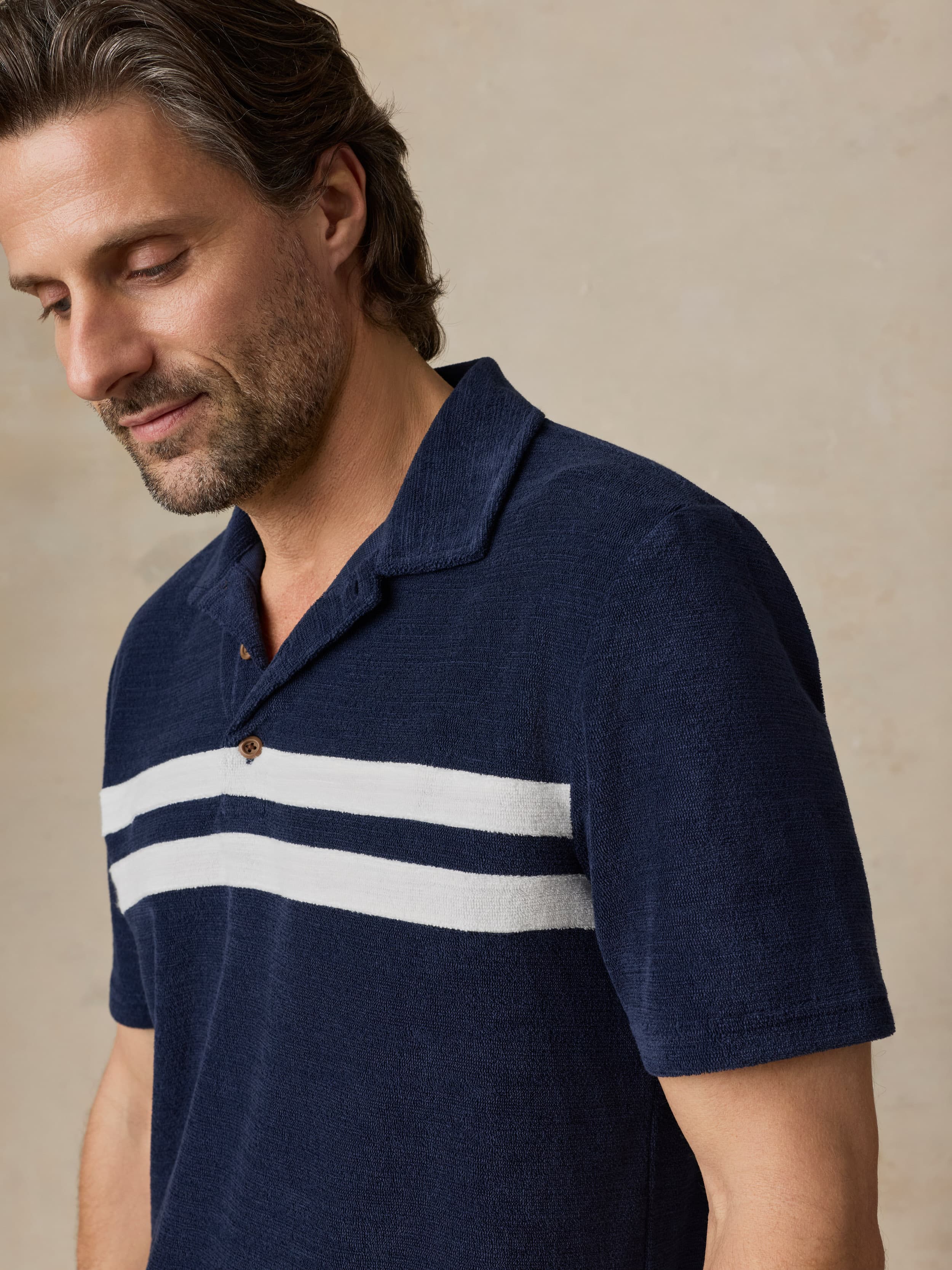 Cabana Towel Terry Surf Stripe Polo - Deep Navy
