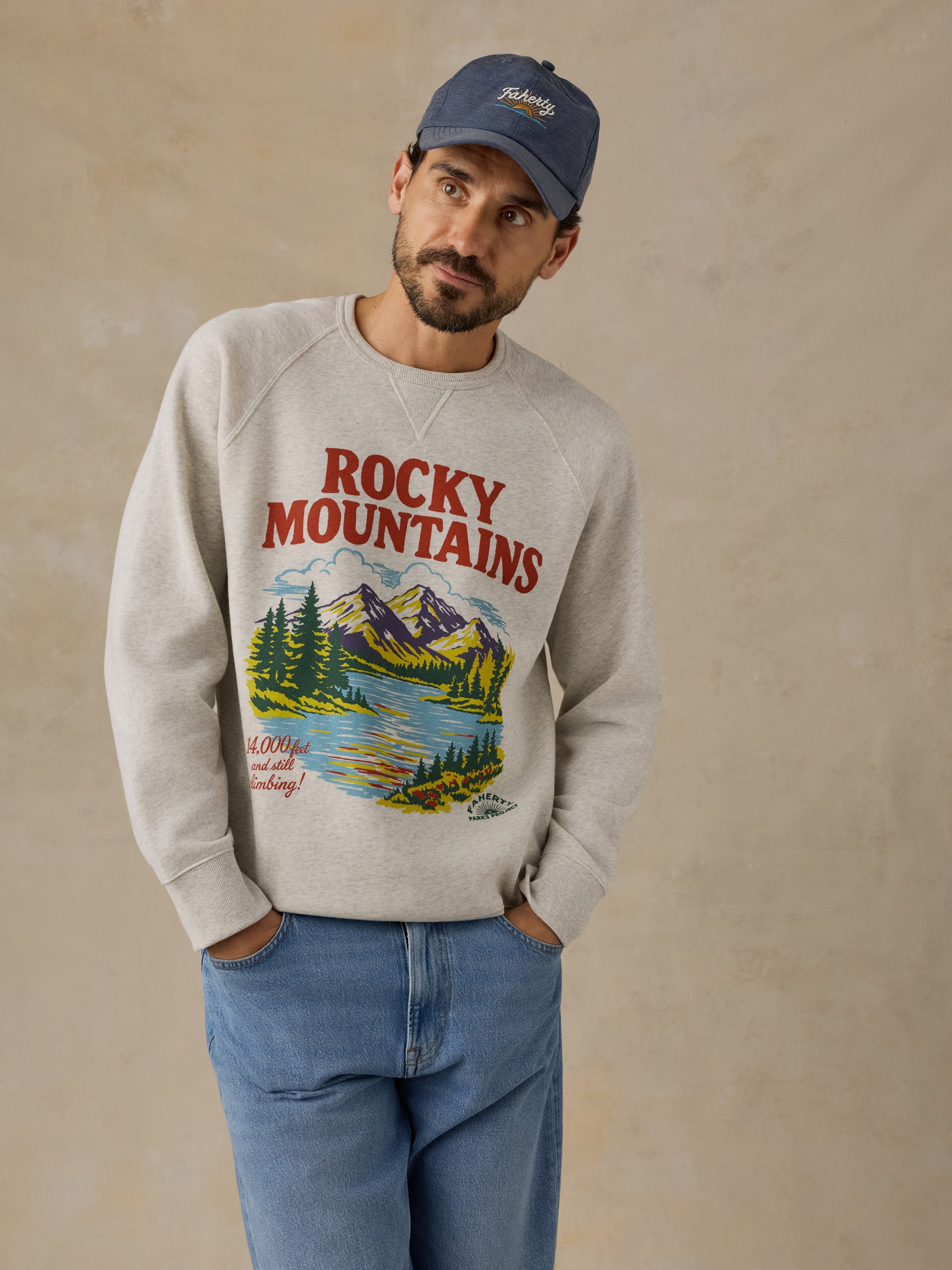 Faherty x Parks Project Rocky Mountains High Standard Fleece Crewneck - Antique Ivory Heather