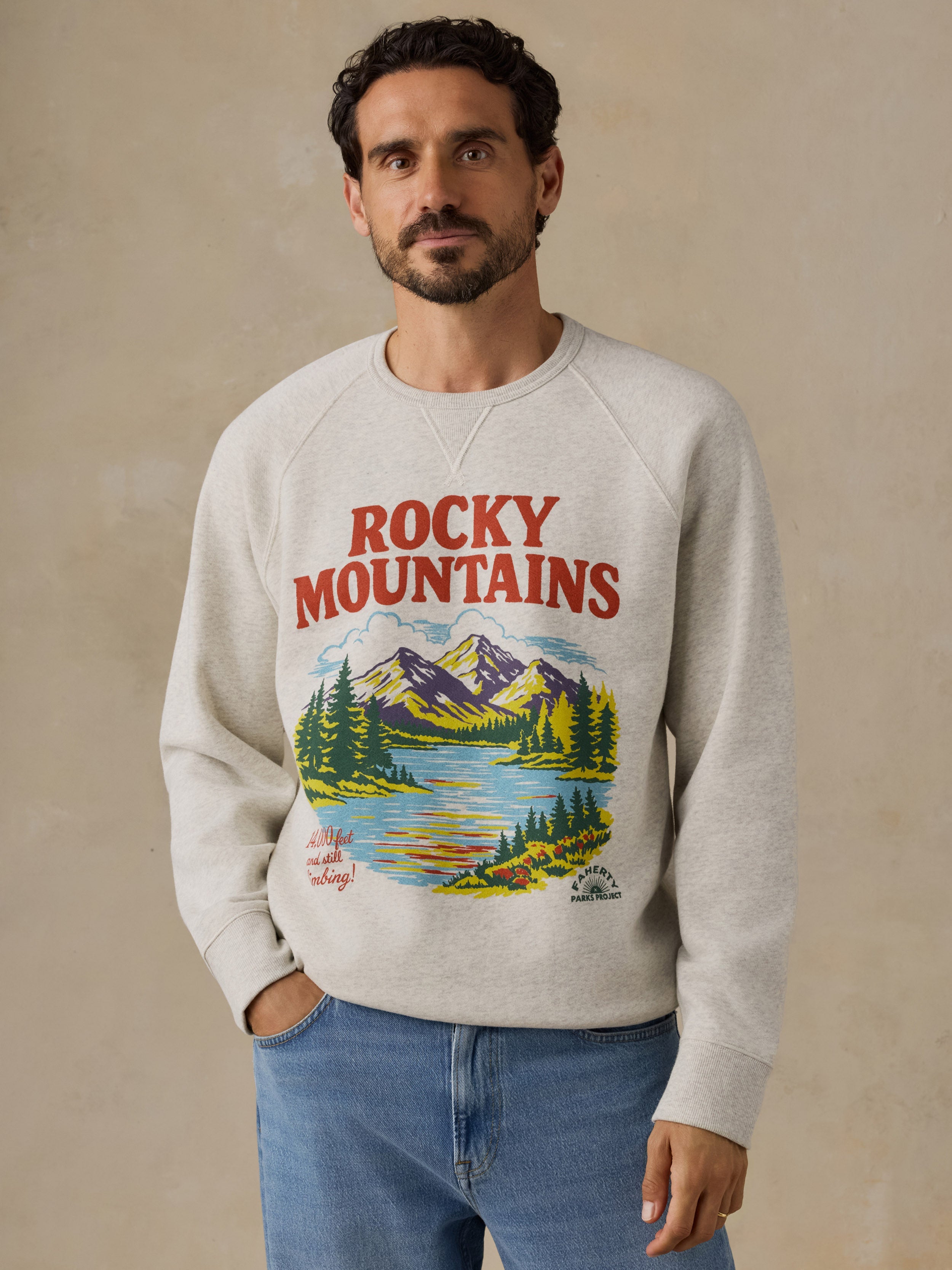 Faherty x Parks Project Rocky Mountains High Standard Fleece Crewneck - Antique Ivory Heather