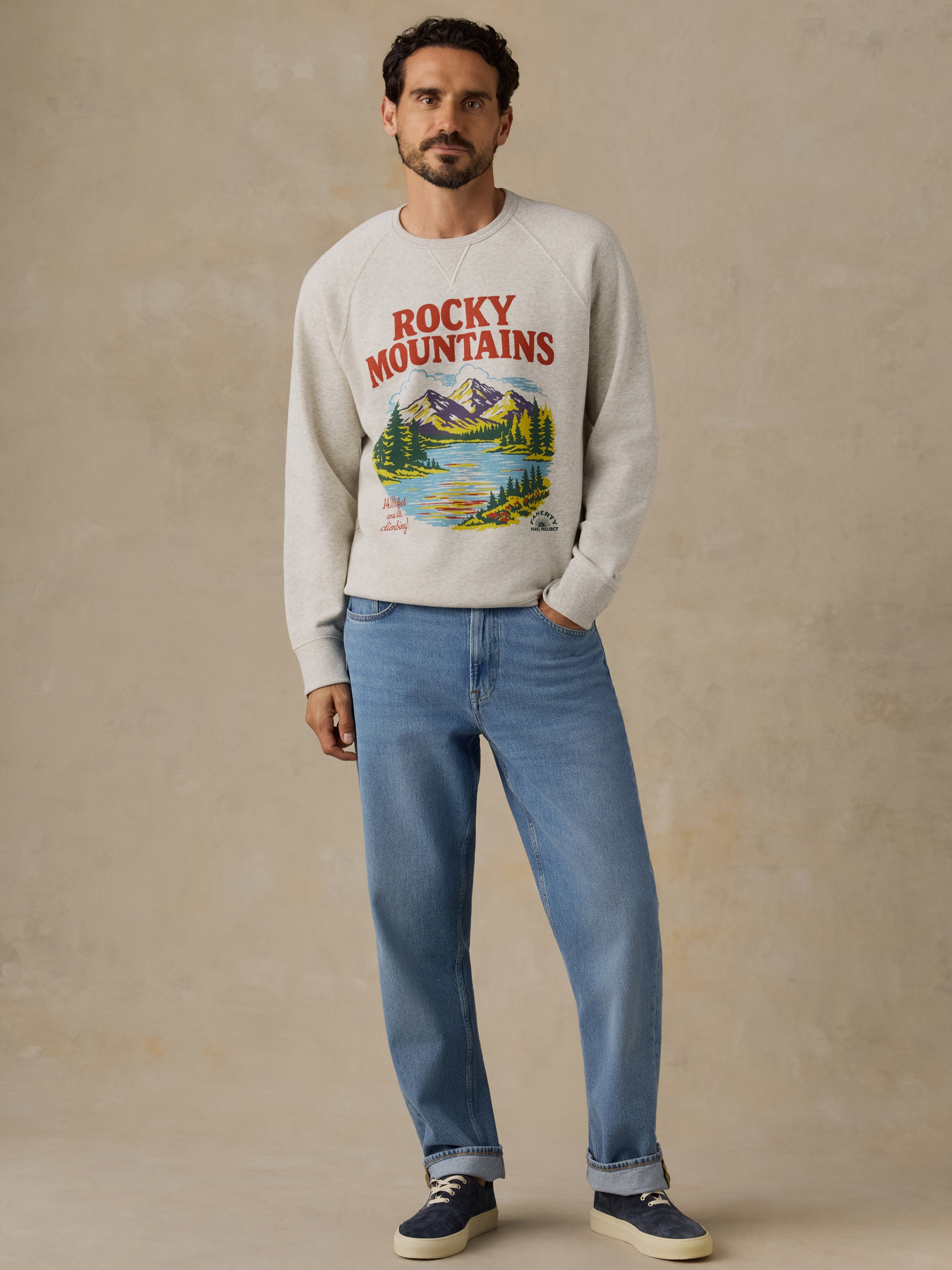 Faherty x Parks Project Rocky Mountains High Standard Fleece Crewneck - Antique Ivory Heather