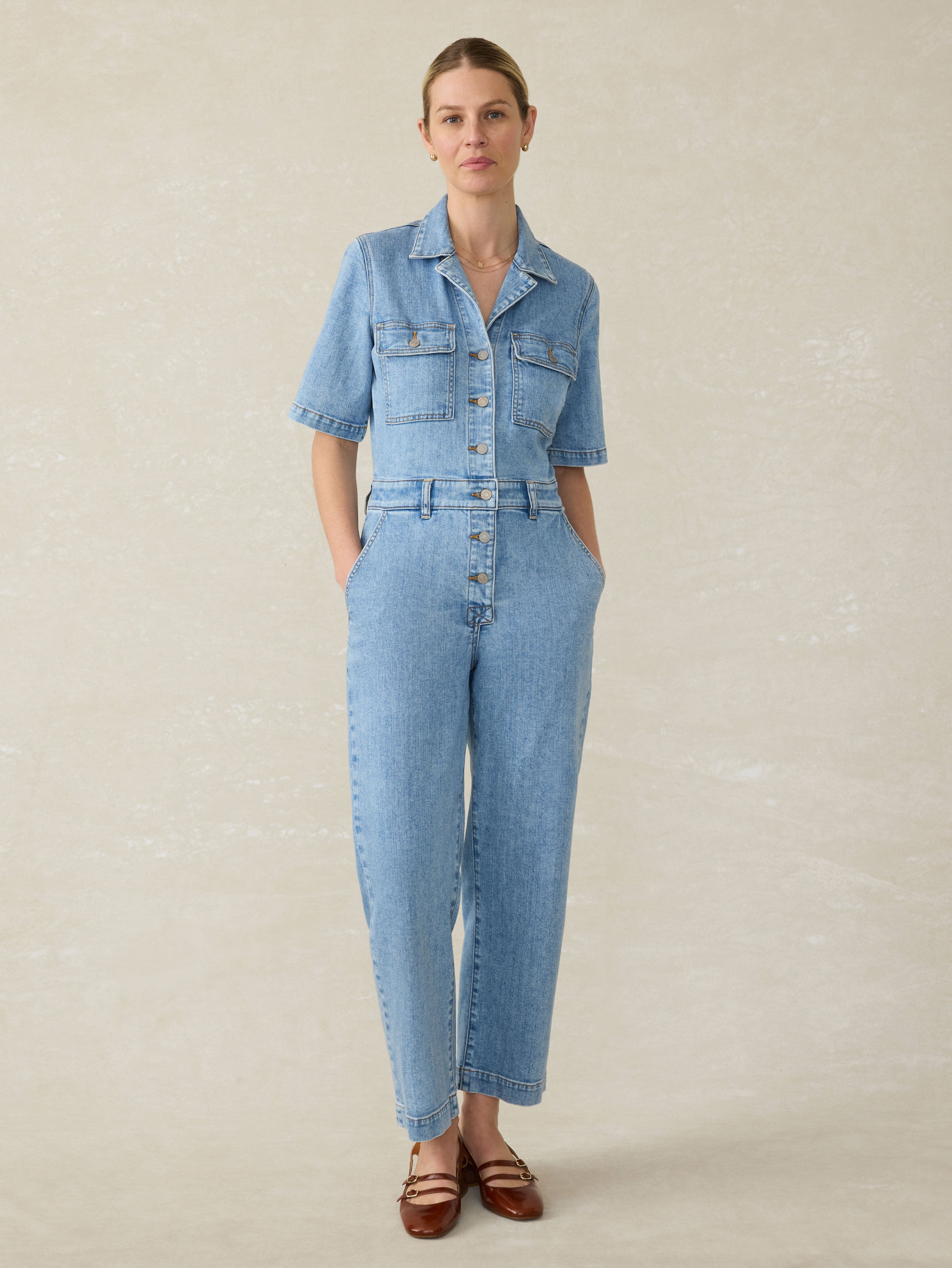 Denim Michelle Short-Sleeve Jumpsuit - Cloudlight Wash
