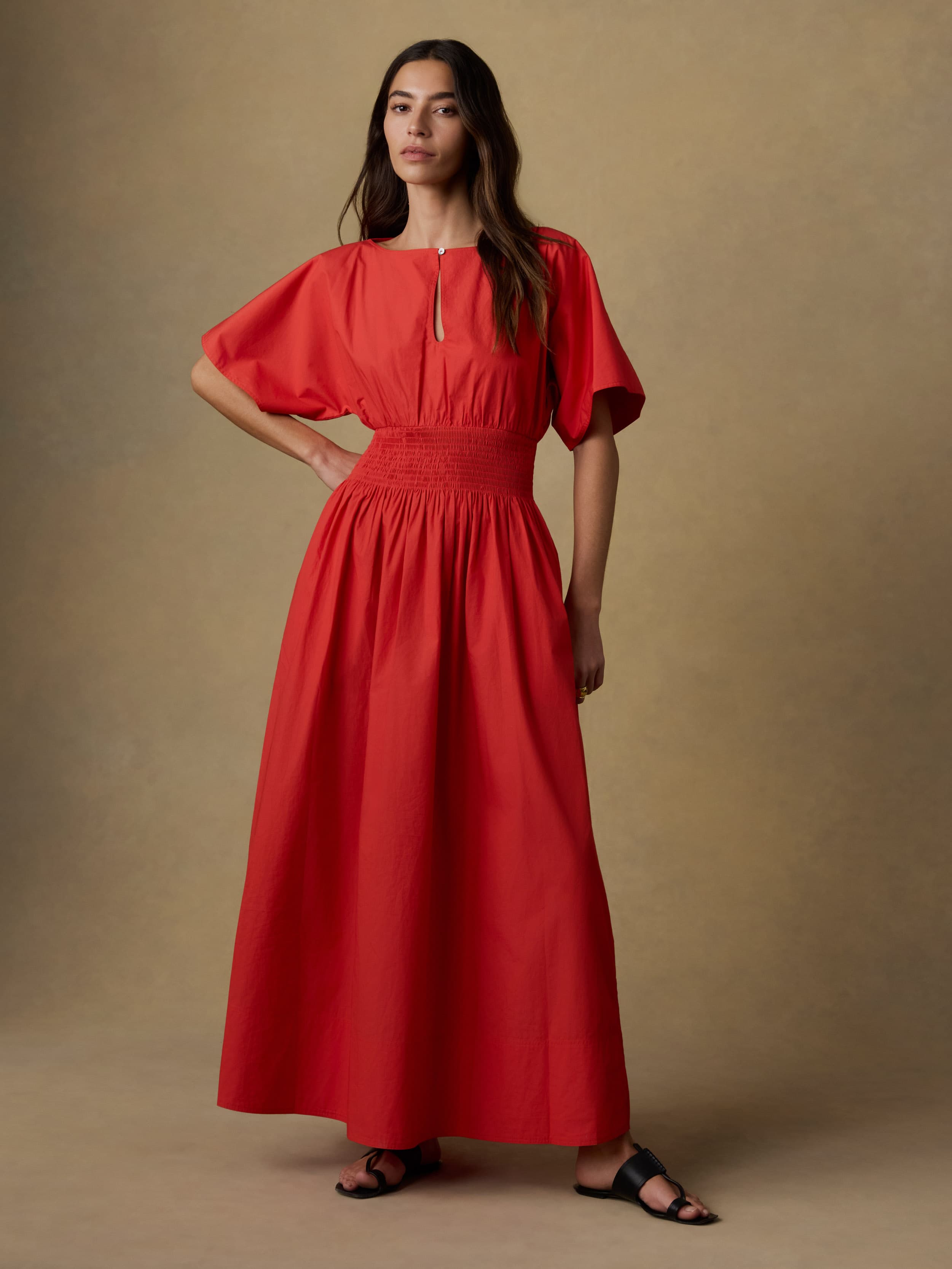 Coastal Poplin Elia Smocked Dress - Poppy Red