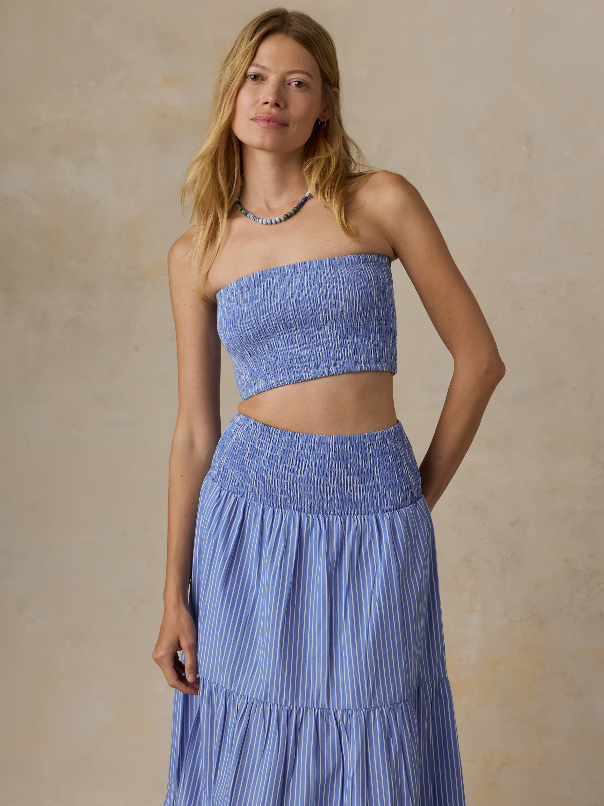 Coastal Poplin Smocked Top - Deepwater Stripe